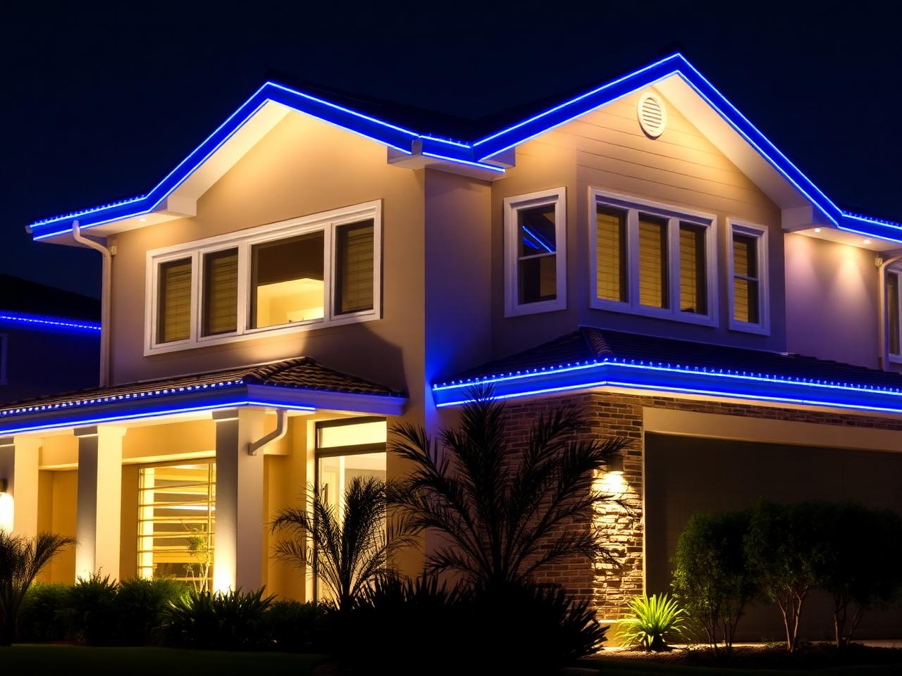 Home with vibrant blue permanent LED lighting at night