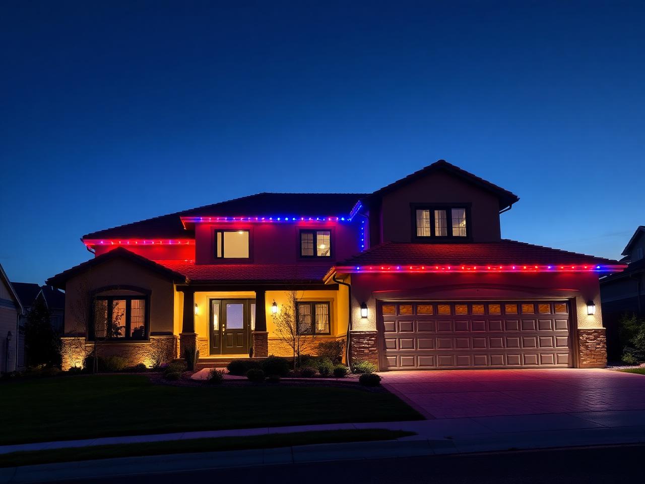 Two-story home with red, white and blue permanent lights