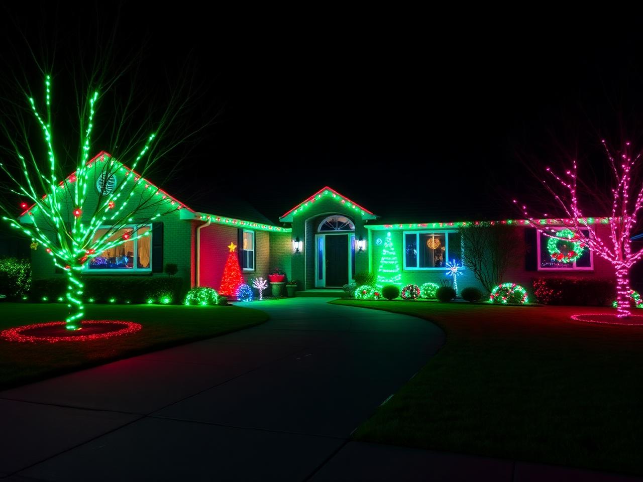 Ranch home with green and red holiday permanent lights