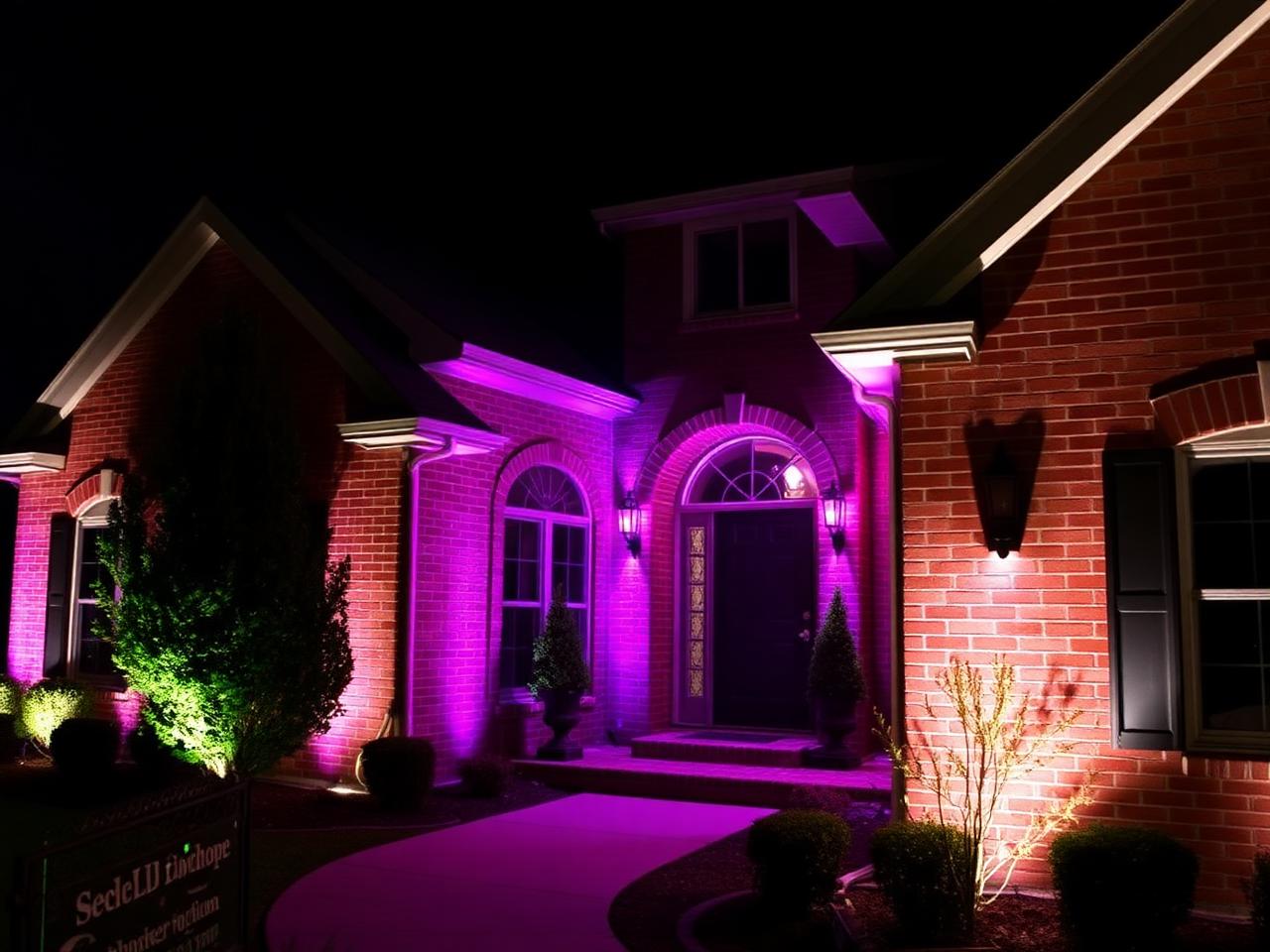 Brick home with purple and pink permanent LED lighting