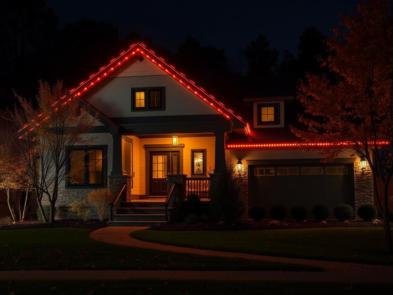 Craftsman home with orange autumn permanent lights
