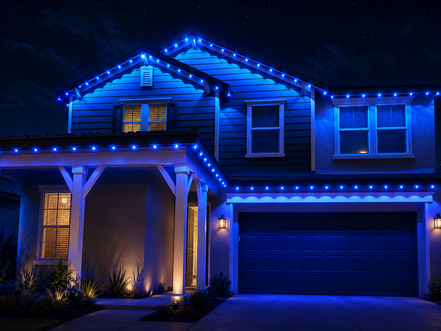 Two-story home with vivid blue permanent LED lighting at night